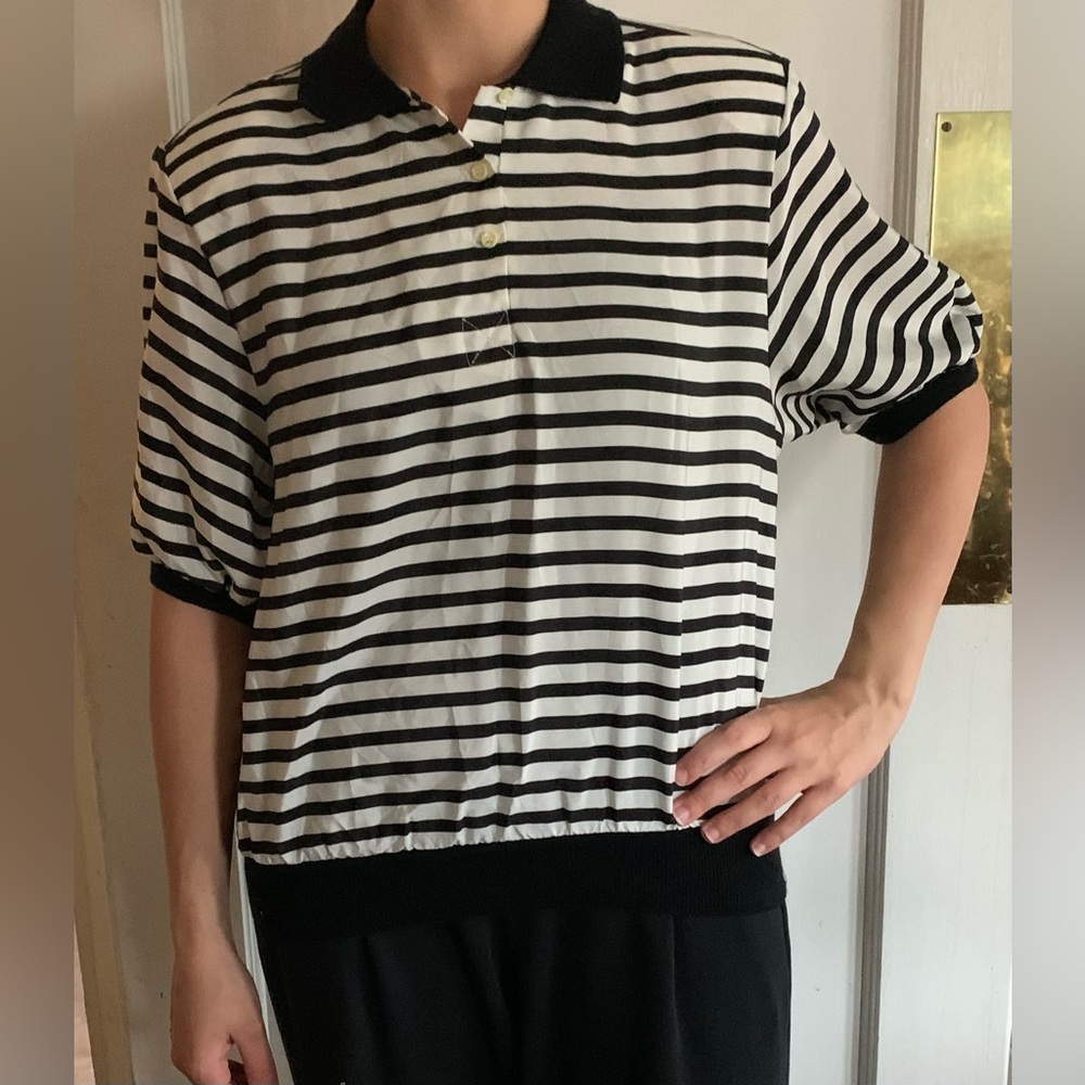 Vtg Notations Womens Banded Blouse 6 Banded Stripes 80s Secretary Puff Sleeves